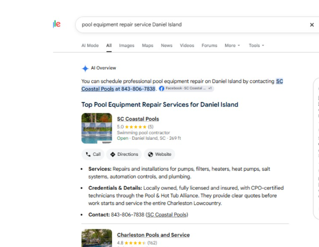 Google search for 'pool equipment repair service Daniel Island' showing the AI Overview recommending SC Coastal Pools as the first business